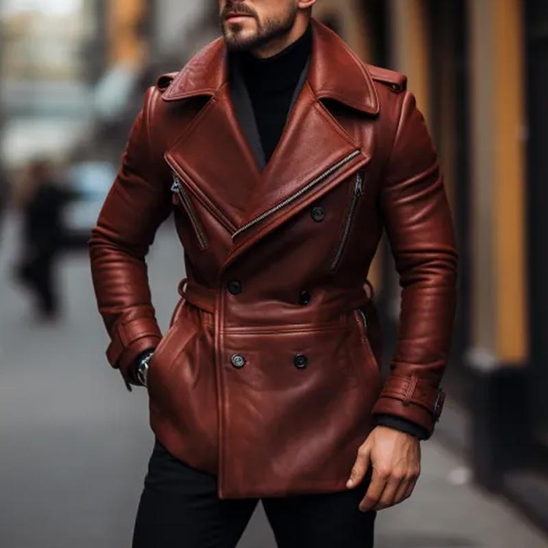 Men's Vintage Notched Lapel Double Breasted Belt Leather Coat 9261100662968