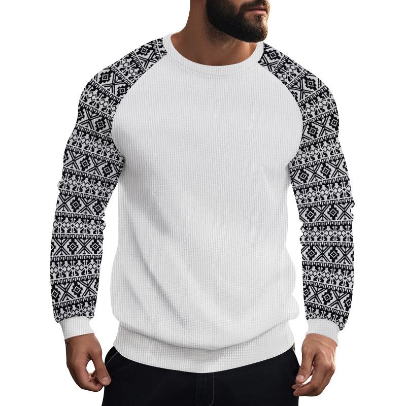 Men's Casual Waffle Print Patchwork Slim Fit Long Sleeve T-shirt 9261143589048