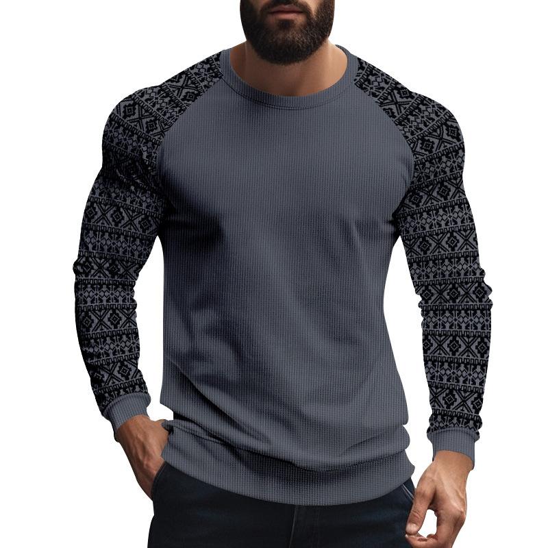 Men's Casual Waffle Print Patchwork Slim Fit Long Sleeve T-shirt 9261143589048