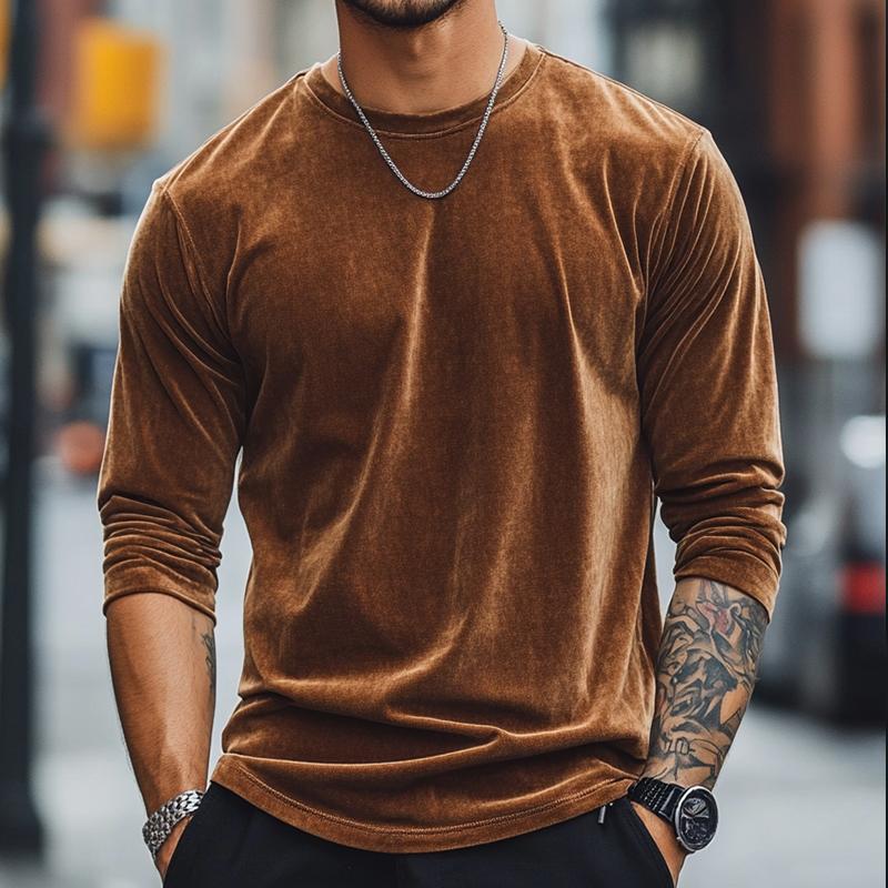 Men's Retro Casual Velvet V-neck Long Sleeve T-shirt 9884642312376