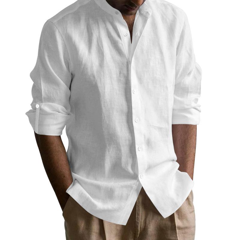 Men's Solid Color Stand Collar Rolled Long Sleeve Casual Shirt 9268188217528