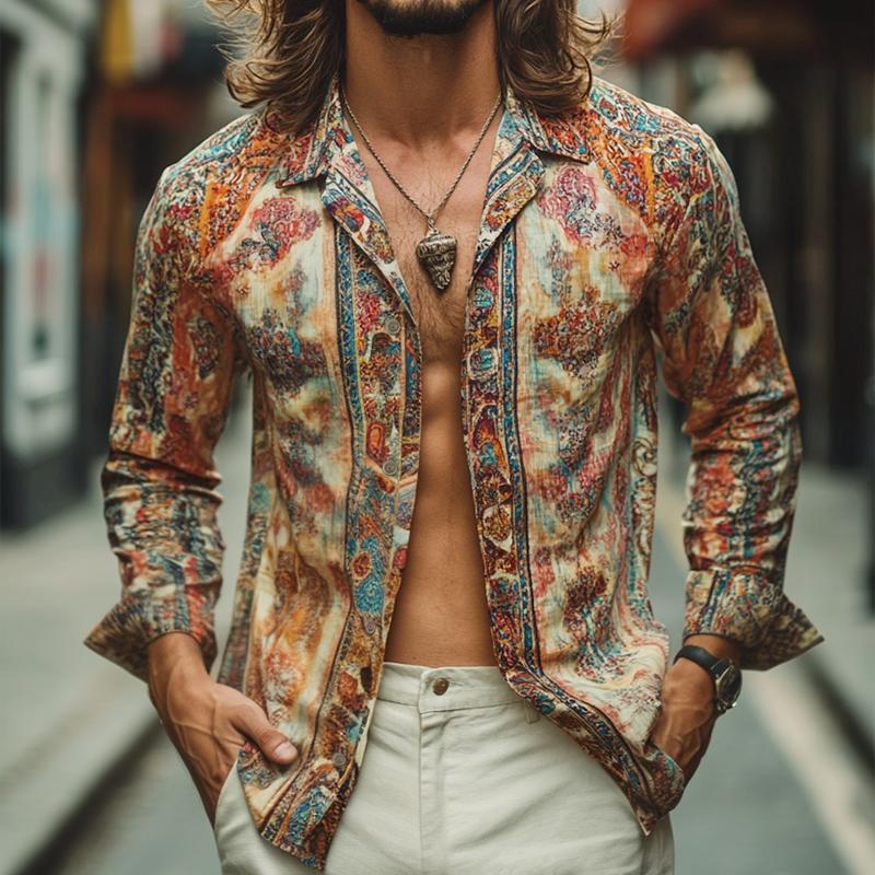 Men's Retro Casual Print Lapel Long Sleeve Shirt 9886819844280