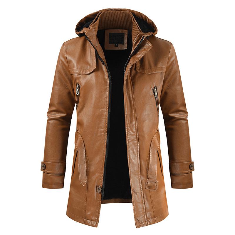 Men's Vintage Hooded Mid Length Leather Coat 9261101908152
