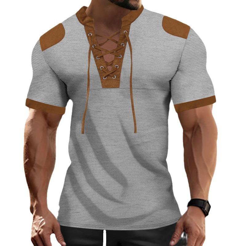 Men's Sports Short Sleeve Lace-Up Men's T-Shirt 9261138739384