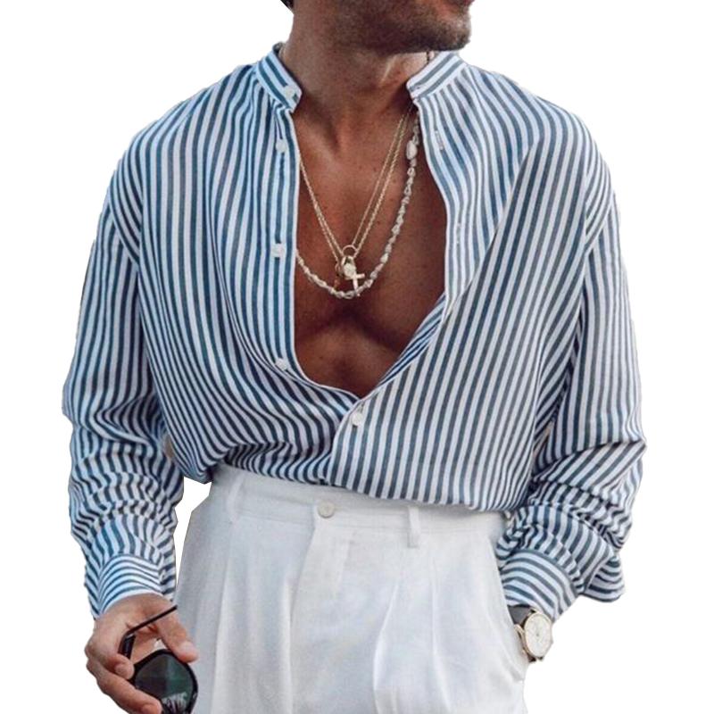 Men's Cotton and Linen Striped Lapel Long-sleeved Shirt 9885321035960