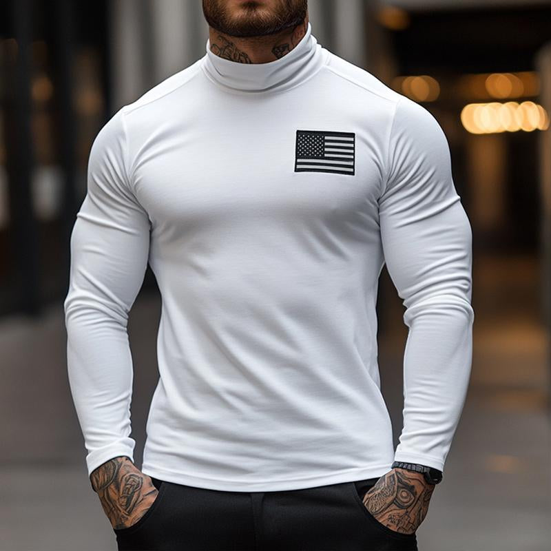 Men's Retro Casual American Flag Half Turtleneck Long Sleeve T-Shirt 9880236359864