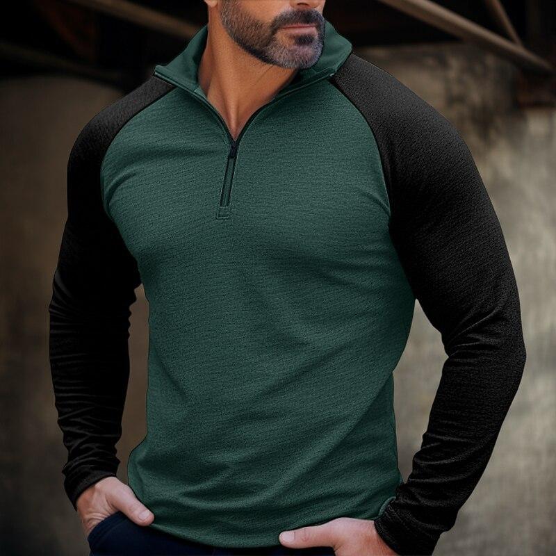 Men's Casual Half-Zip High-Neck Color Matching Raglan Sleeves T-Shirt 9268189135032