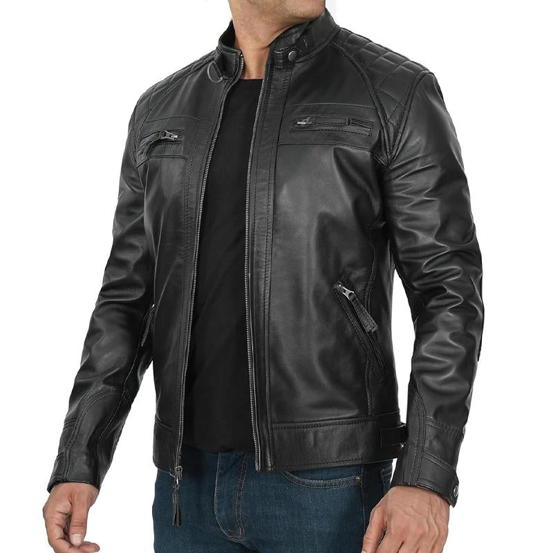 Men's Quilted Panel Zip-Up Leather Jacket 9873141432504