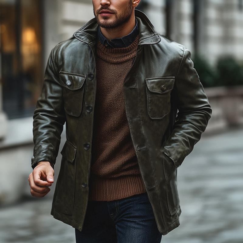 Men's Vintage Dark Green Stand Collar Leather Coat 9269591408824