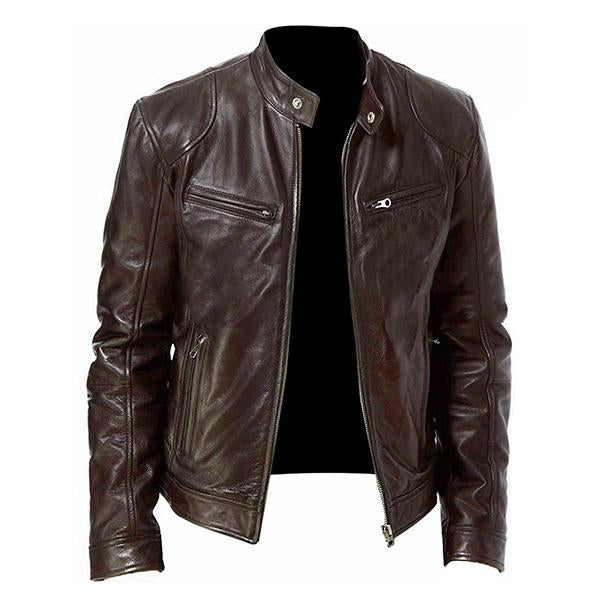 Men's Stand Collar Slim Fit Zip Pocket Leather Jacket 9261077856440