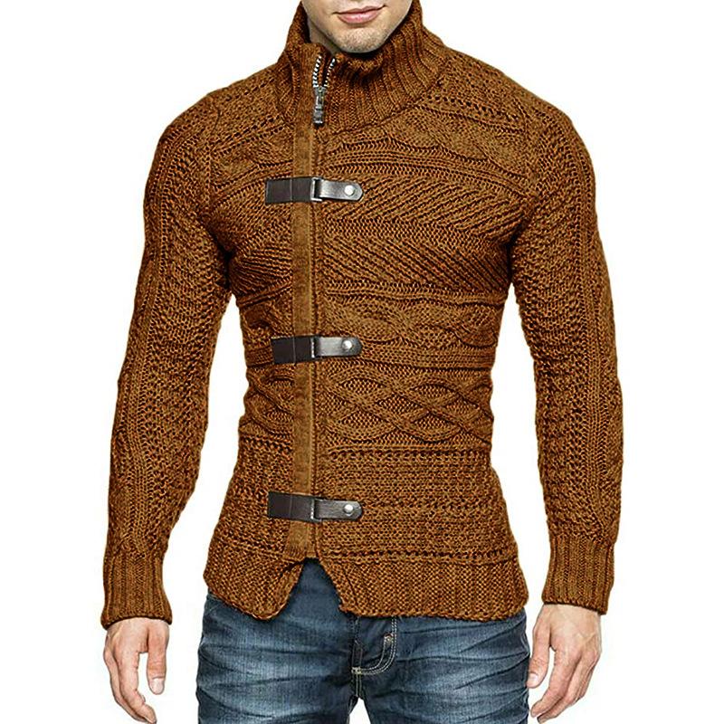 Men's Leather Button Turtleneck Long Sleeve Knitwear Jacket 9262176960696