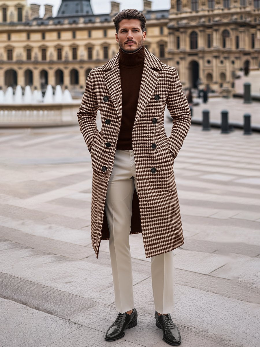 Men's Fashion Retro Houndstooth Double Breasted Long Coat 9888736575672