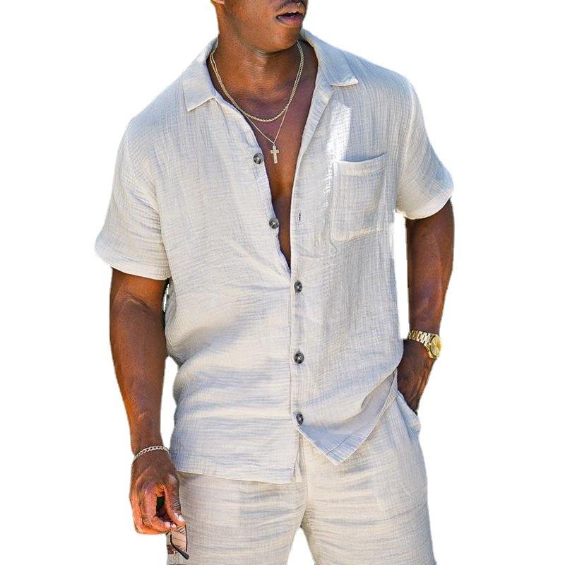 Men's cotton linen solid color shirt two-piece set 9261781778616