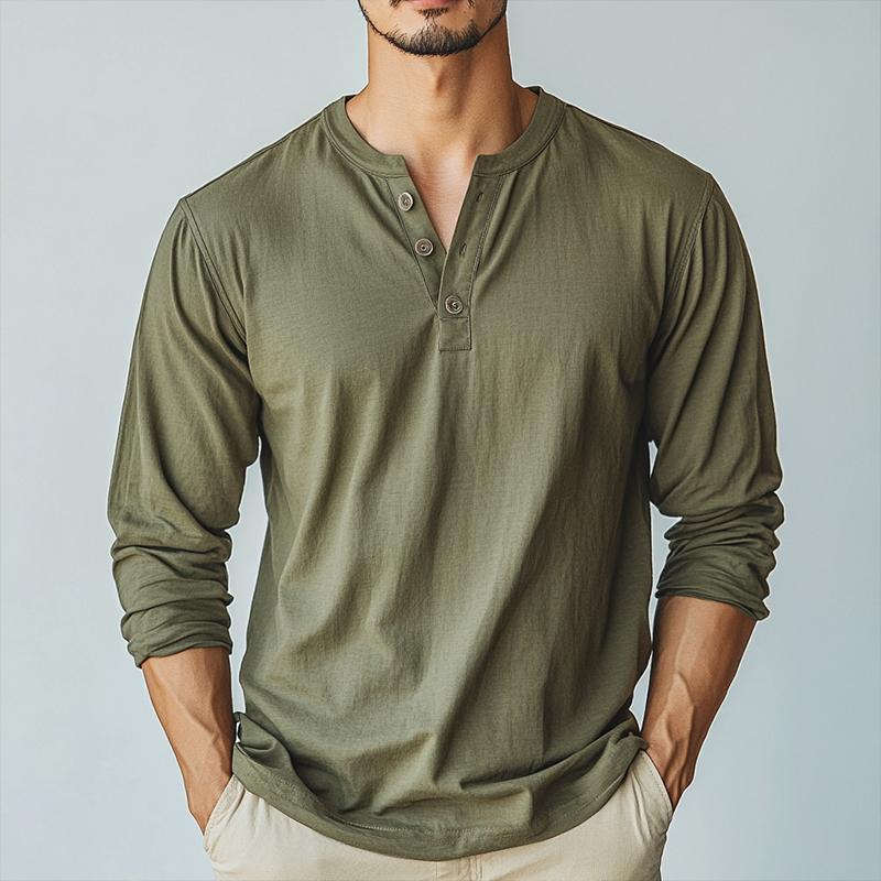 Men's Vintage Casual Solid Color Henley Neck Long Sleeve T-Shirt 9886819942584