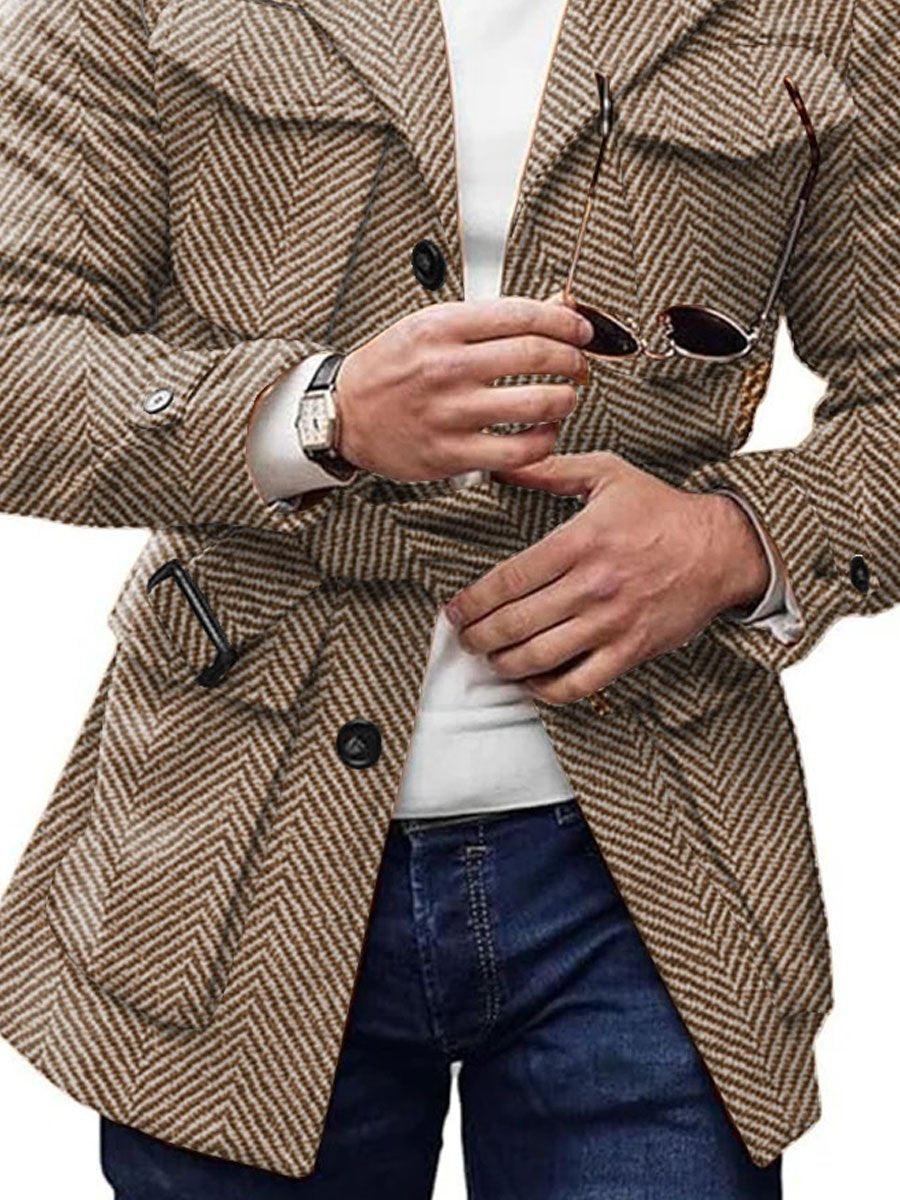 Men's Vintage 4-Pocket Lapel Lace-Up Casual Herringbone Woolen Coat 9888735166648