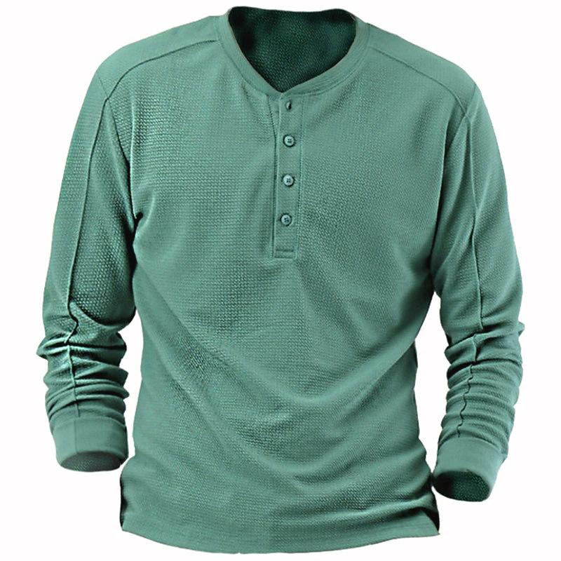 Men's Solid Waffle Long Sleeve Henley Collar T-Shirt 9261128417464