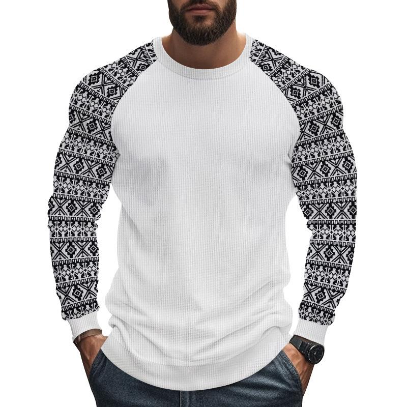 Men's Casual Waffle Print Patchwork Slim Fit Long Sleeve T-shirt 9261143589048