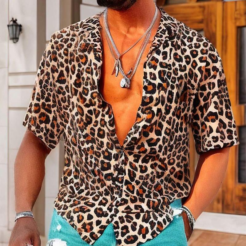 Men's Leopard Print Lapel Short Sleeve Shirt 9885320872120