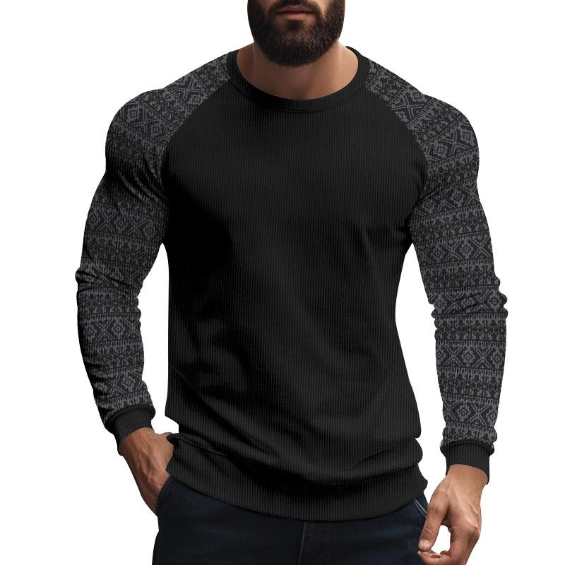 Men's Casual Waffle Print Patchwork Slim Fit Long Sleeve T-shirt 9261143589048