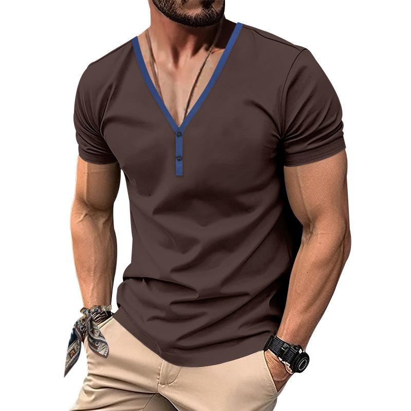 Men's Casual Colorblock V-neck Breathable Slim Short-sleeved T-shirt 9272630345912