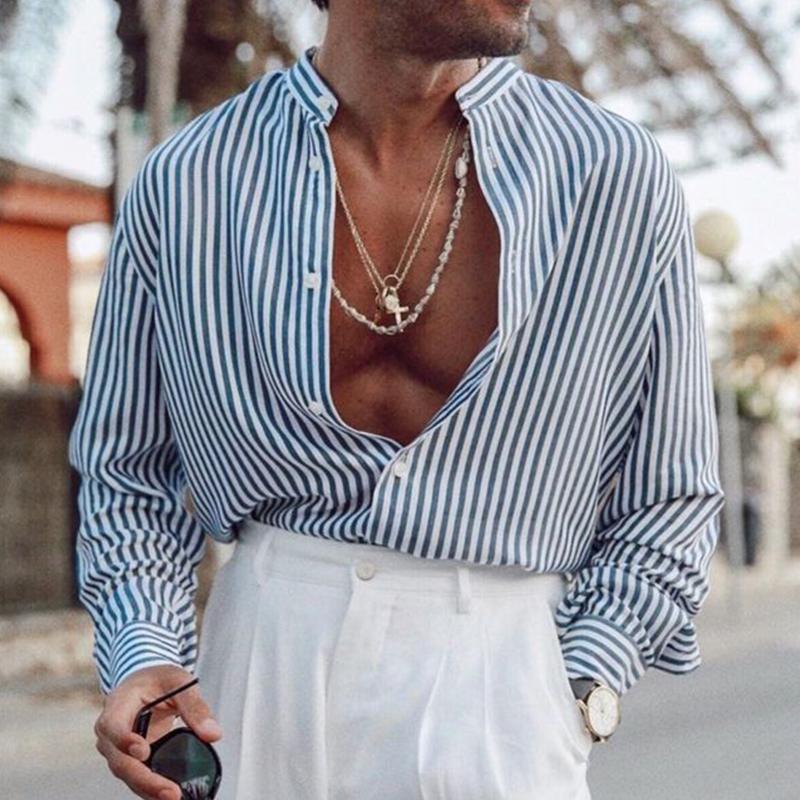 Men's Cotton and Linen Striped Lapel Long-sleeved Shirt 9885321035960