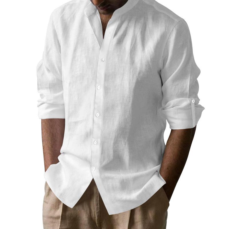 Men's Solid Color Stand Collar Rolled Long Sleeve Casual Shirt 9268188217528