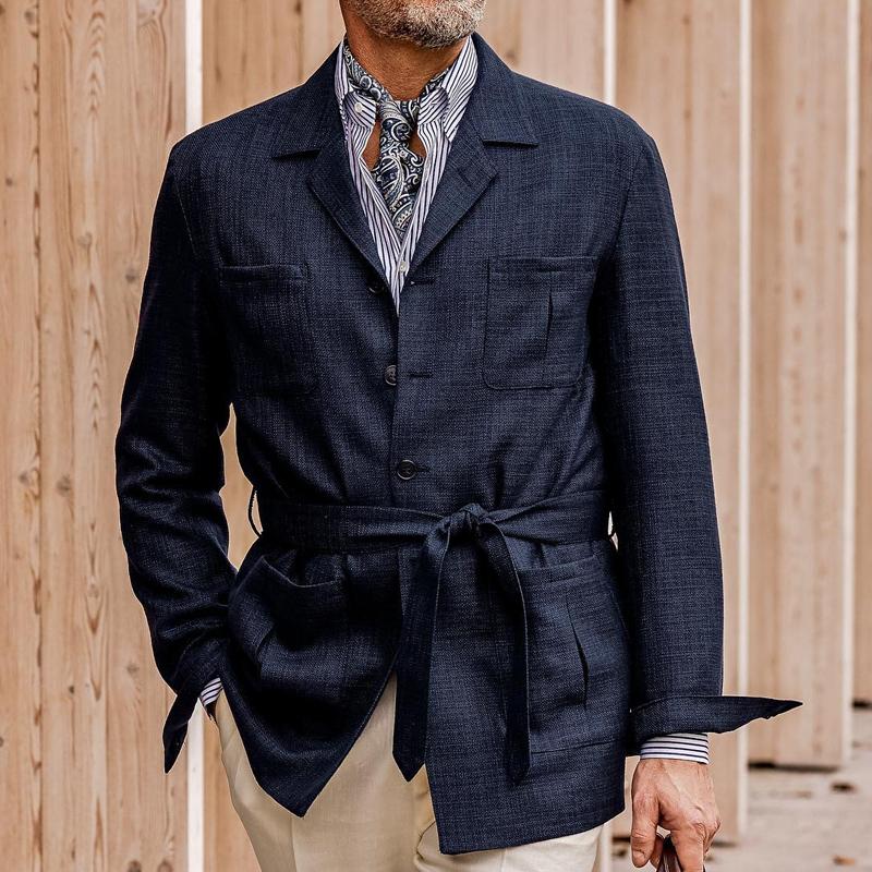 Men's Solid Color Cotton Linen Multi Pocket Button Blazer 9261079363768