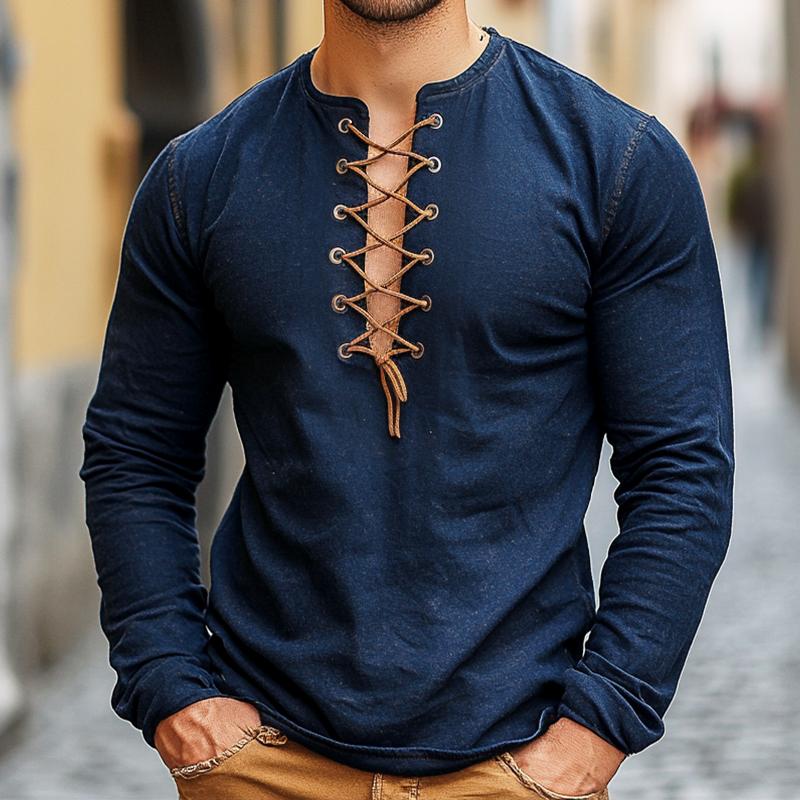 Men's Retro Casual Solid Color Lace-up Long Sleeve T-shirt 9877216460984