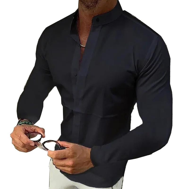 Men's Stand Collar Solid Color Long Sleeve Shirt 9261781614776