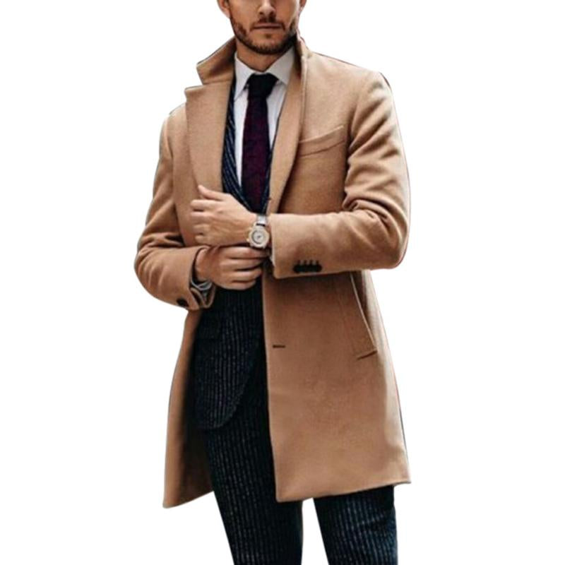 Men'S Vintage Solid Color Mid-Length Woolen Single-Breasted Lapel Coat 9261102071992