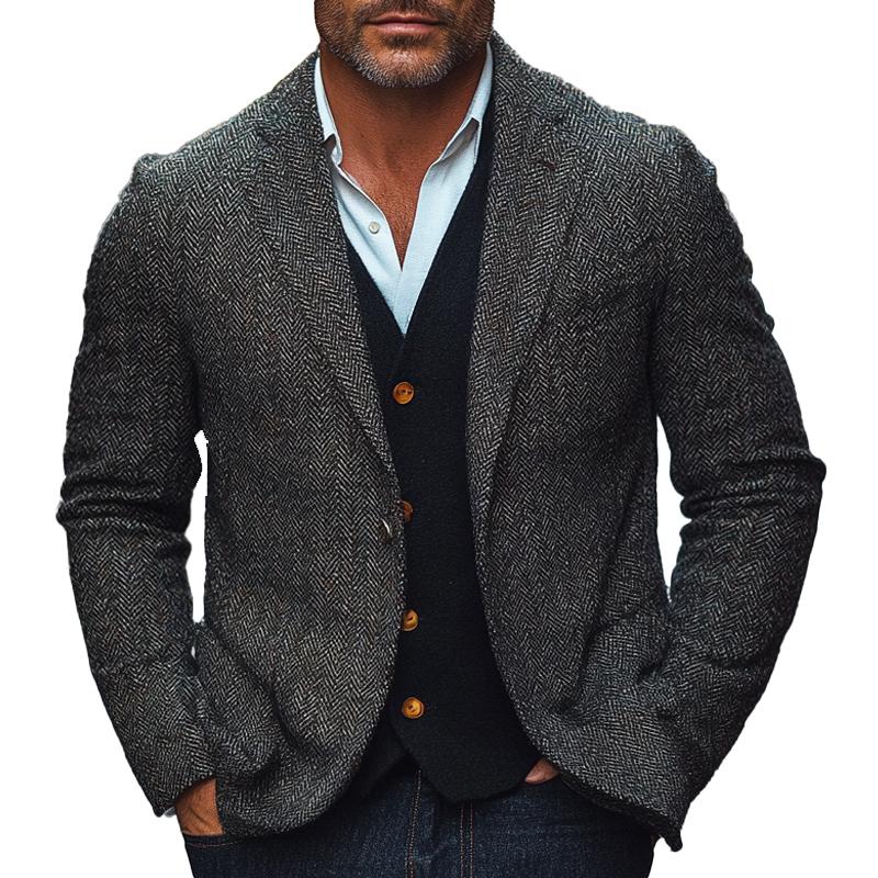 Men's Vintage Herringbone Button Blazer 9879658037432