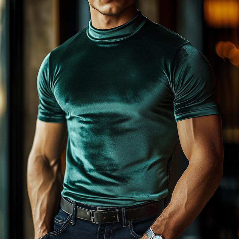 Men's Retro Casual Velvet High Neck Short Sleeve T-Shirt 9886819909816