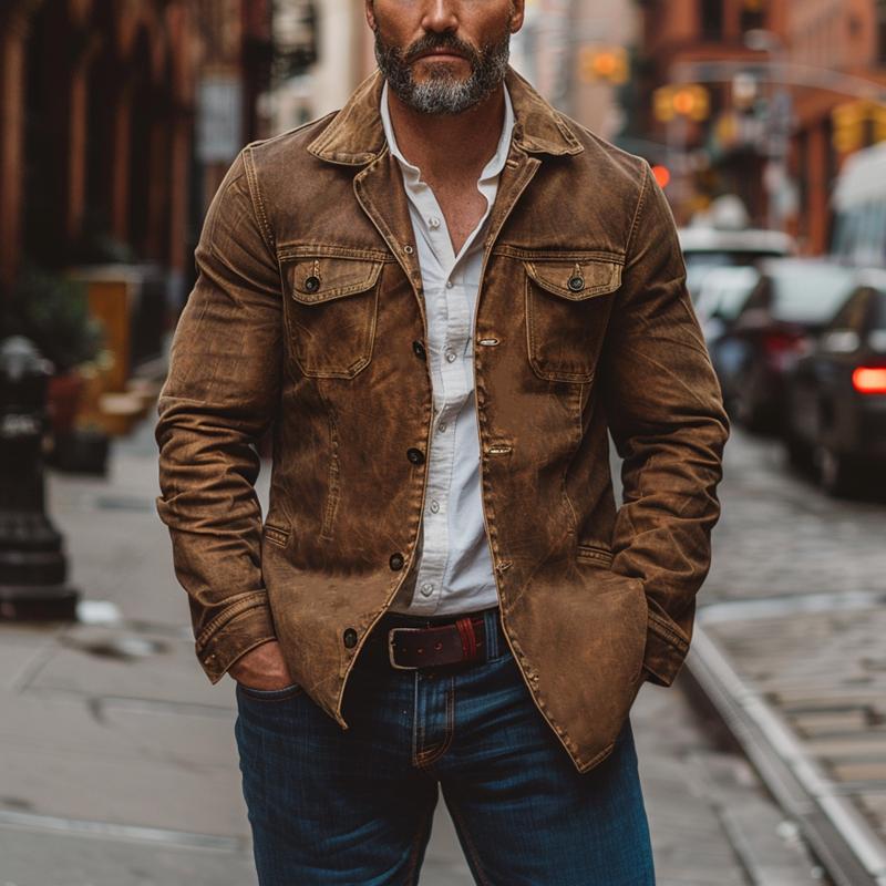 Men's Vintage Heavy Washed Leather Lapel Single Breasted Multi-Pocket Work Jacket 9261077692600