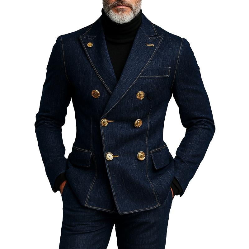 Men's Fashionable Denim Double Breasted Blazer 9261079593144