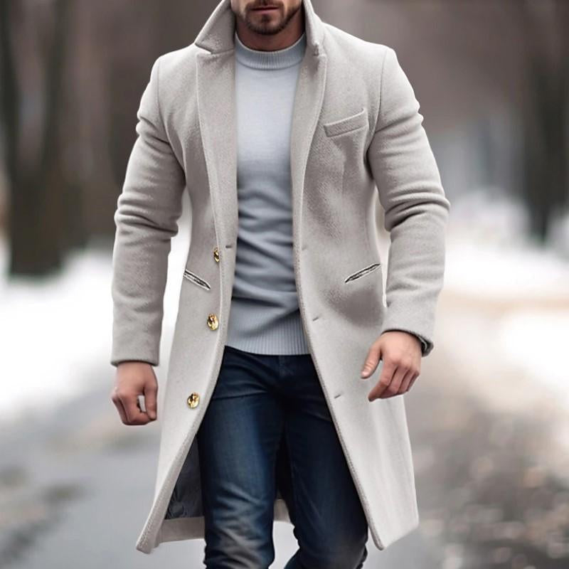 Men'S Vintage Solid Color Long Woolen Single-Breasted Lapel Coat 9261101121720