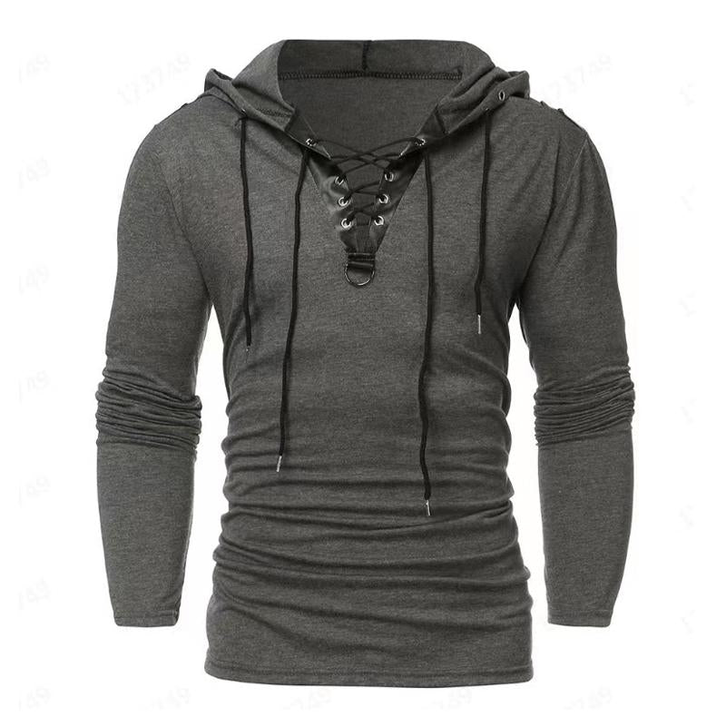 Men's Vintage Leather Lace-Up Hooded Long-Sleeved T-Shirt 9261137100984