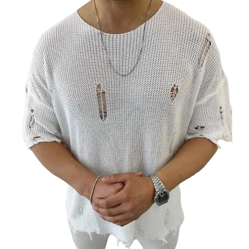 Men's Casual Round Neck Short Sleeve Hollow Knit Pullover Sweater 9262176141496