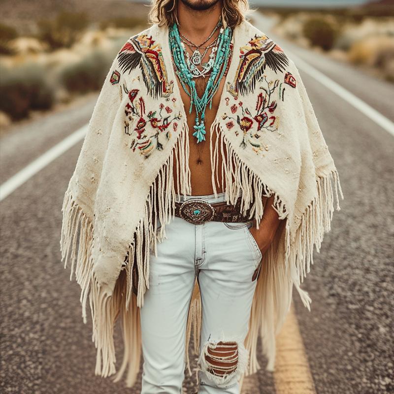 Men's Vintage Casual Linen Eagle Feather Embroidered Cape 9887382536376