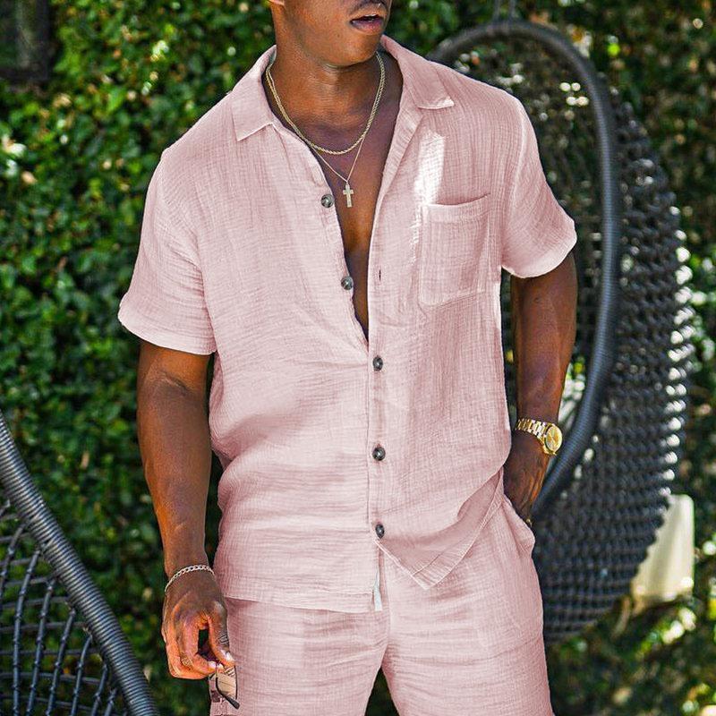 Men's cotton linen solid color shirt two-piece set 9261781778616