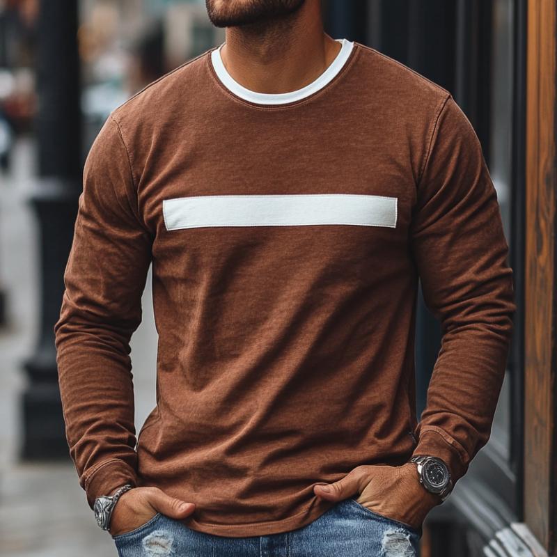 Men's Retro Casual Solid Color Round Neck Long Sleeve T-Shirt 9273156141240