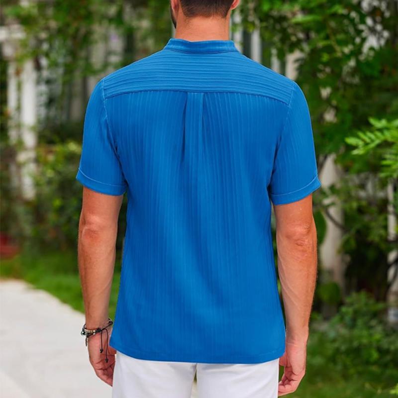 Men's Cotton And Linen Striped Henley Collar Short-Sleeved Shirt 9261793116344
