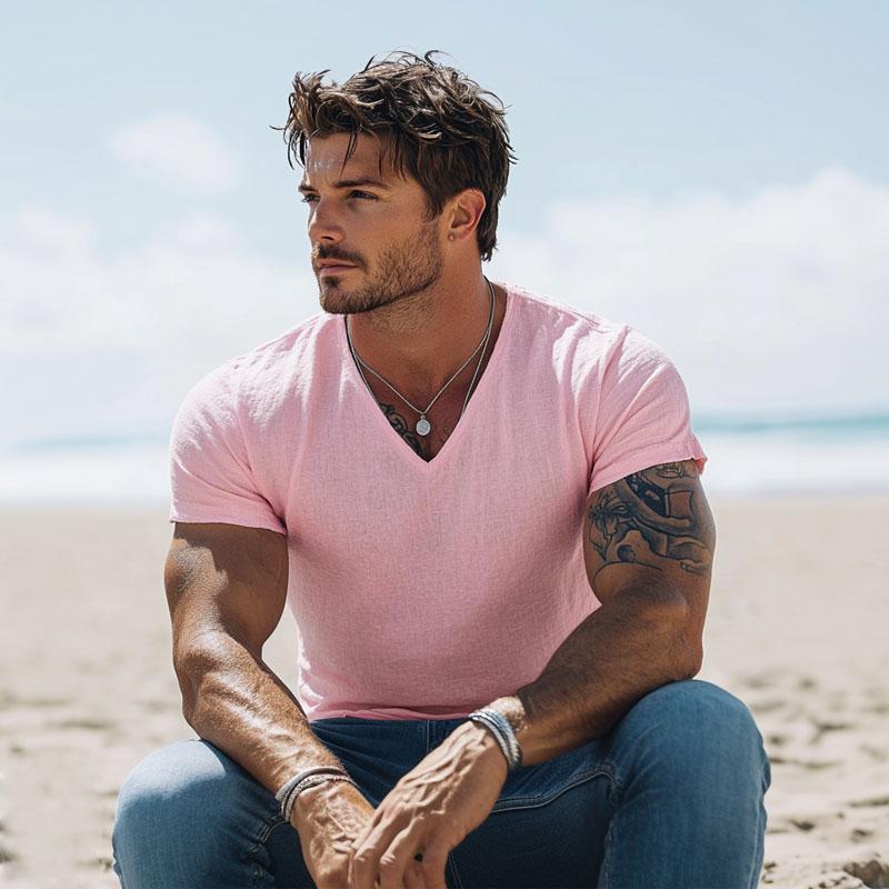 Men's Casual Cotton Linen V-neck Slim Short-sleeved T-shirt 9880238948536
