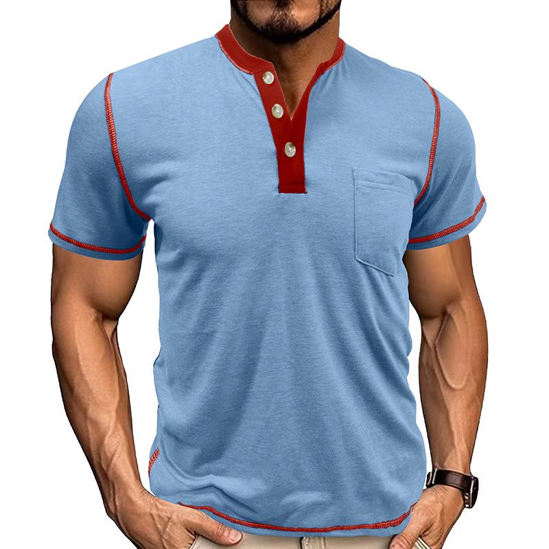 Men's Casual Cotton Colorblock Henley Collar Slim Fit Short Sleeve T-Shirt 9879658135736