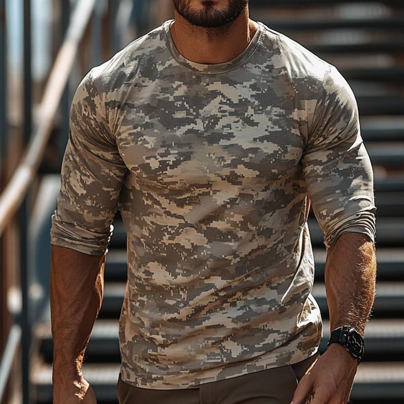 Men's Retro Casual Camouflage Printed Round Neck Long Sleeve T-Shirt 9877927166136