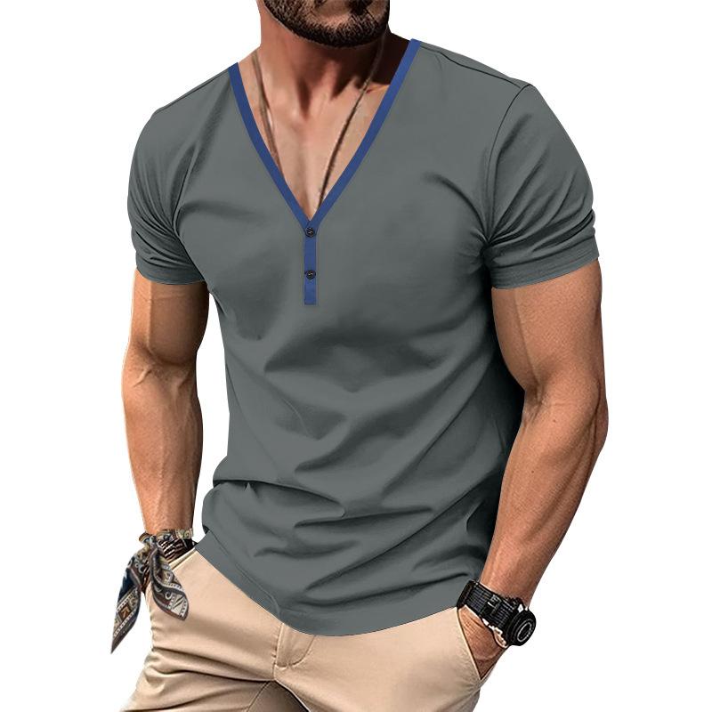 Men's Casual Colorblock V-neck Breathable Slim Short-sleeved T-shirt 9272630345912