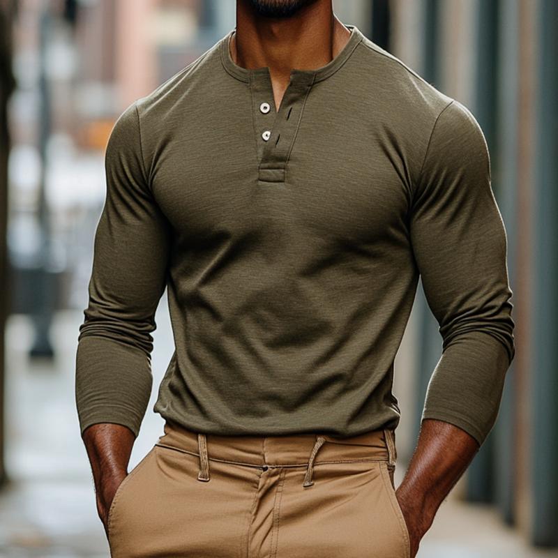 Men's Vintage Casual Solid Color Henley Neck Long Sleeve T-Shirt 9886820008120