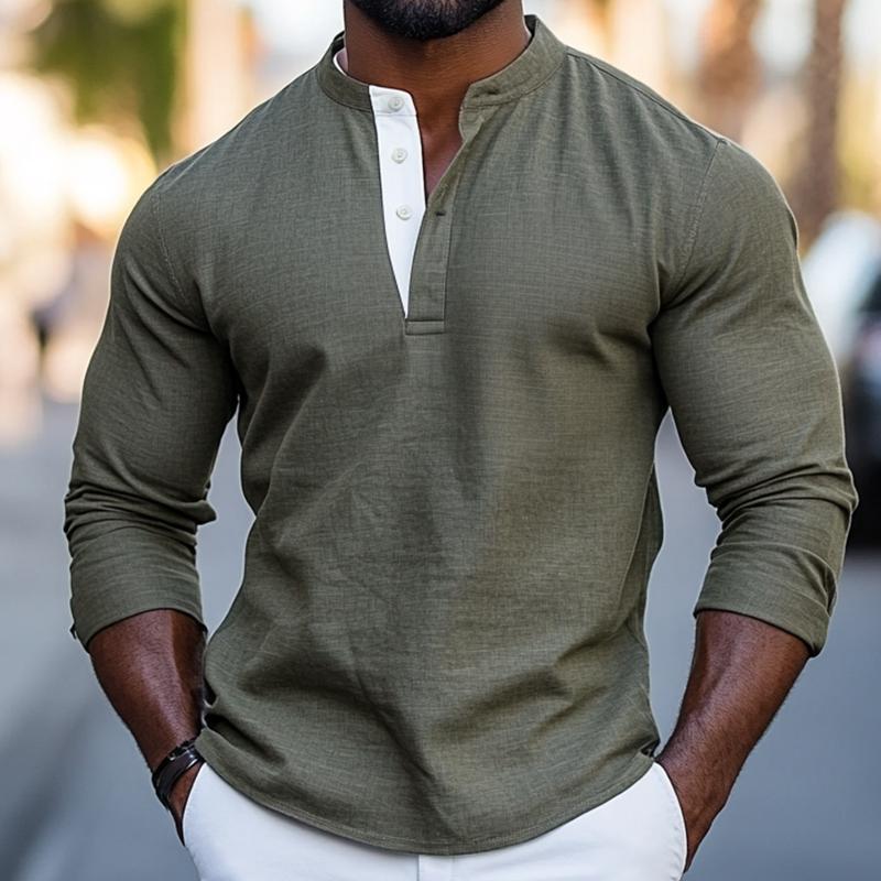 Men's Retro Casual Colorblock Stand Collar Long Sleeve Shirt 9873517740216