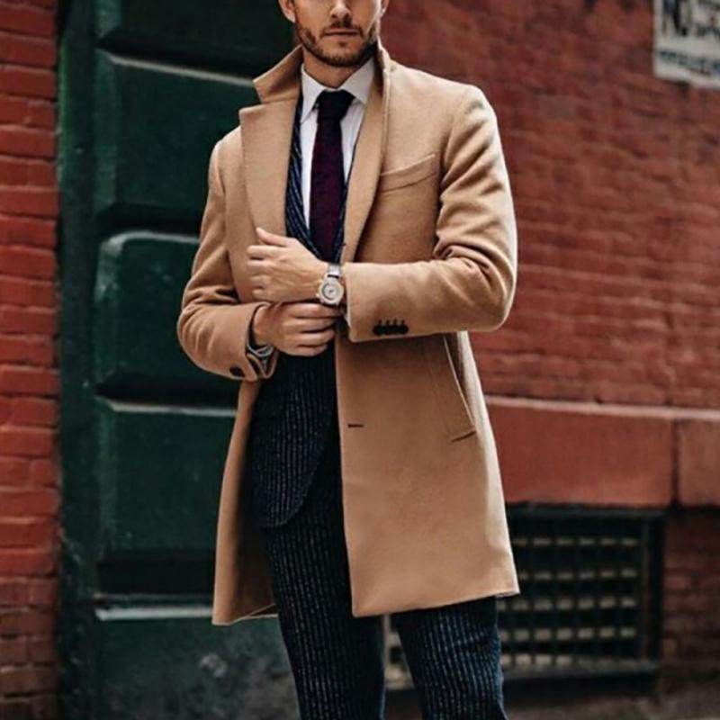 Men'S Vintage Solid Color Mid-Length Woolen Single-Breasted Lapel Coat 9261102071992
