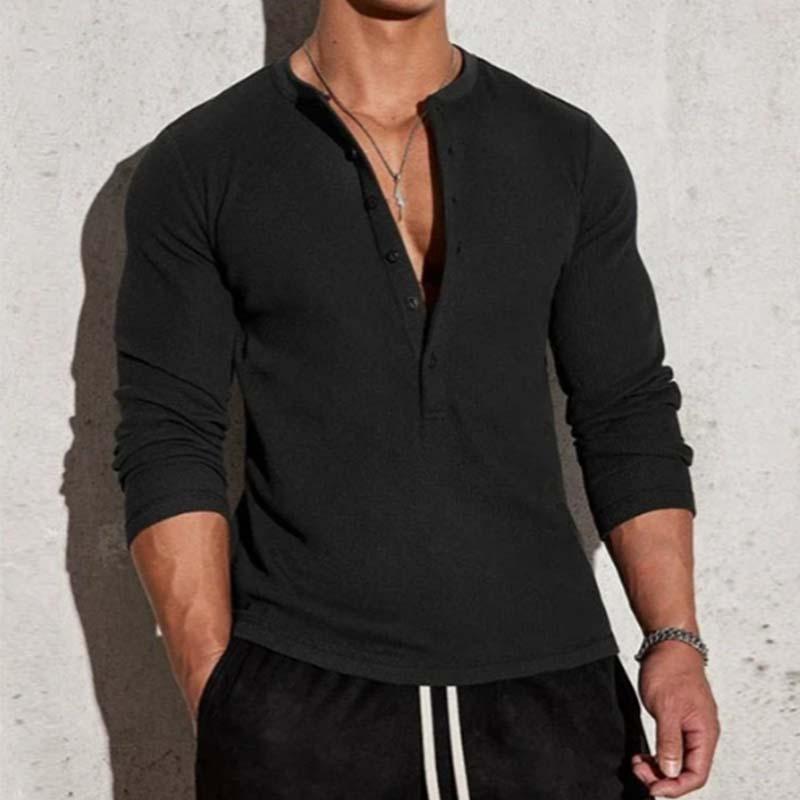 Men's Classic Casual Multi-button V-neck Slim Long-sleeved T-shirt 9261142343864