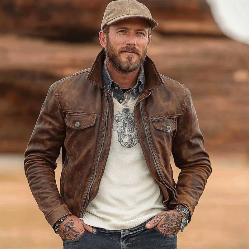 Men's Vintage Stand Collar Zipper Leather Jacket 9261097320632